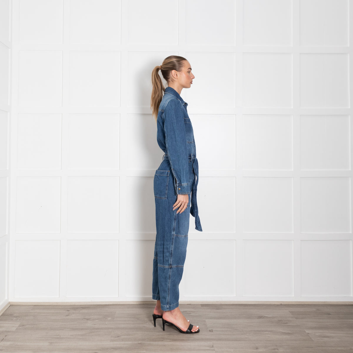 Me + Em Blue Denim Belted Barrell Leg Jumpsuit