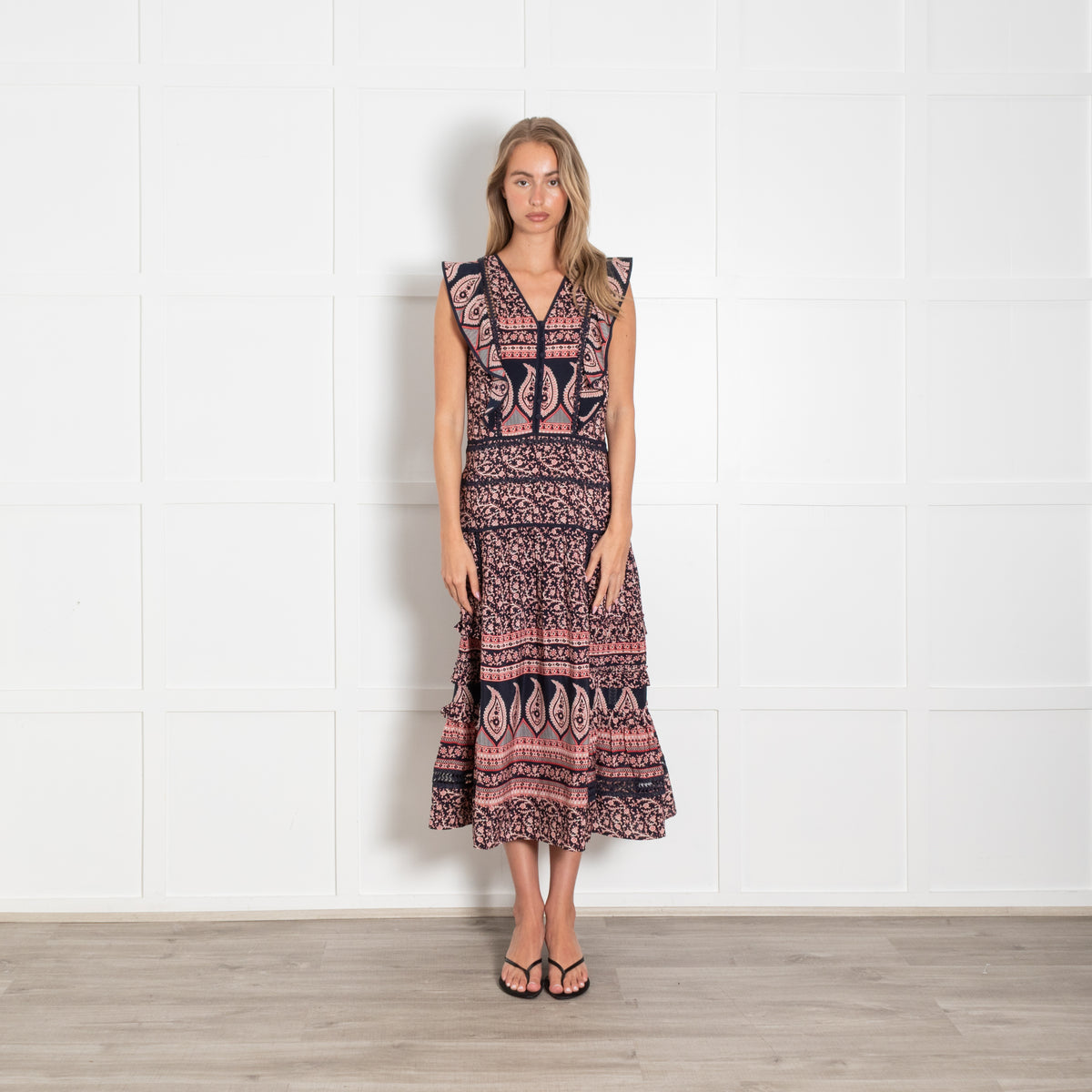 Sea New York Navy Red Cream Floral Print Sleeveless Maxi Dress