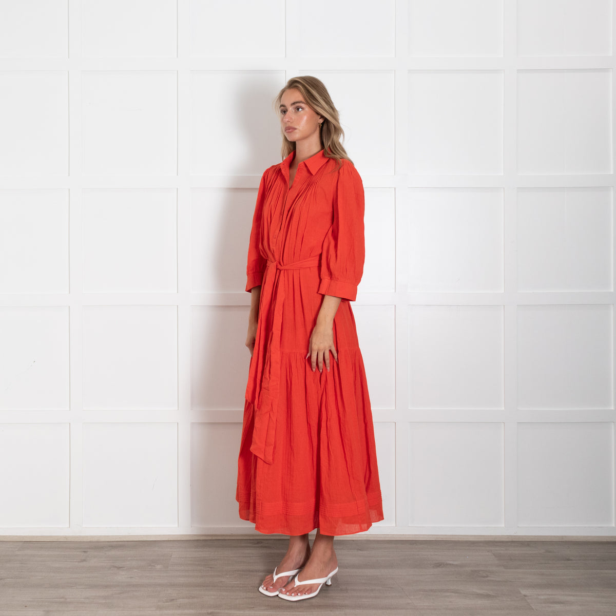 Me + Em Red Dress With Pintuck Shoulder Detail and Belt