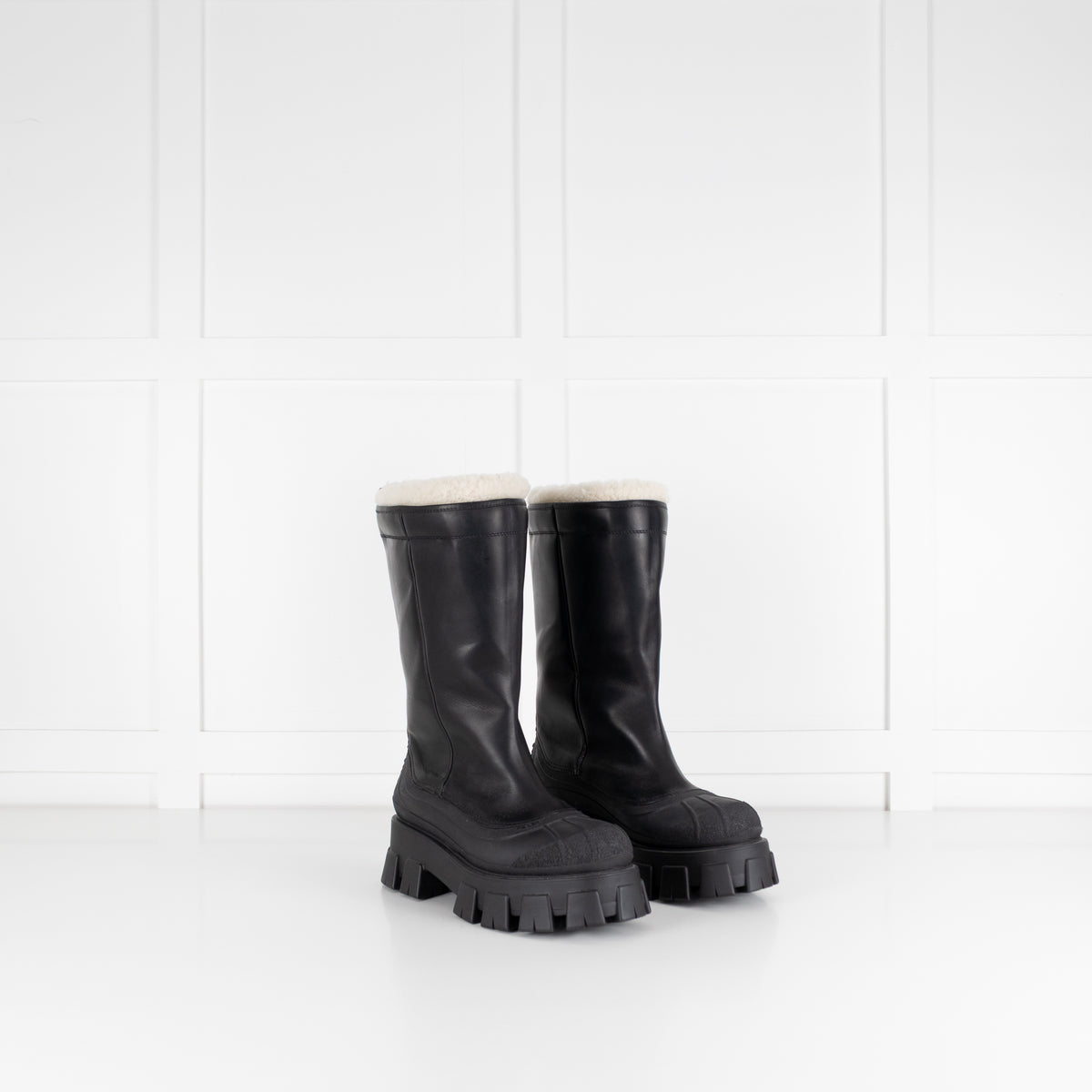 Prada Monolith Shearling Lined Leather Boots