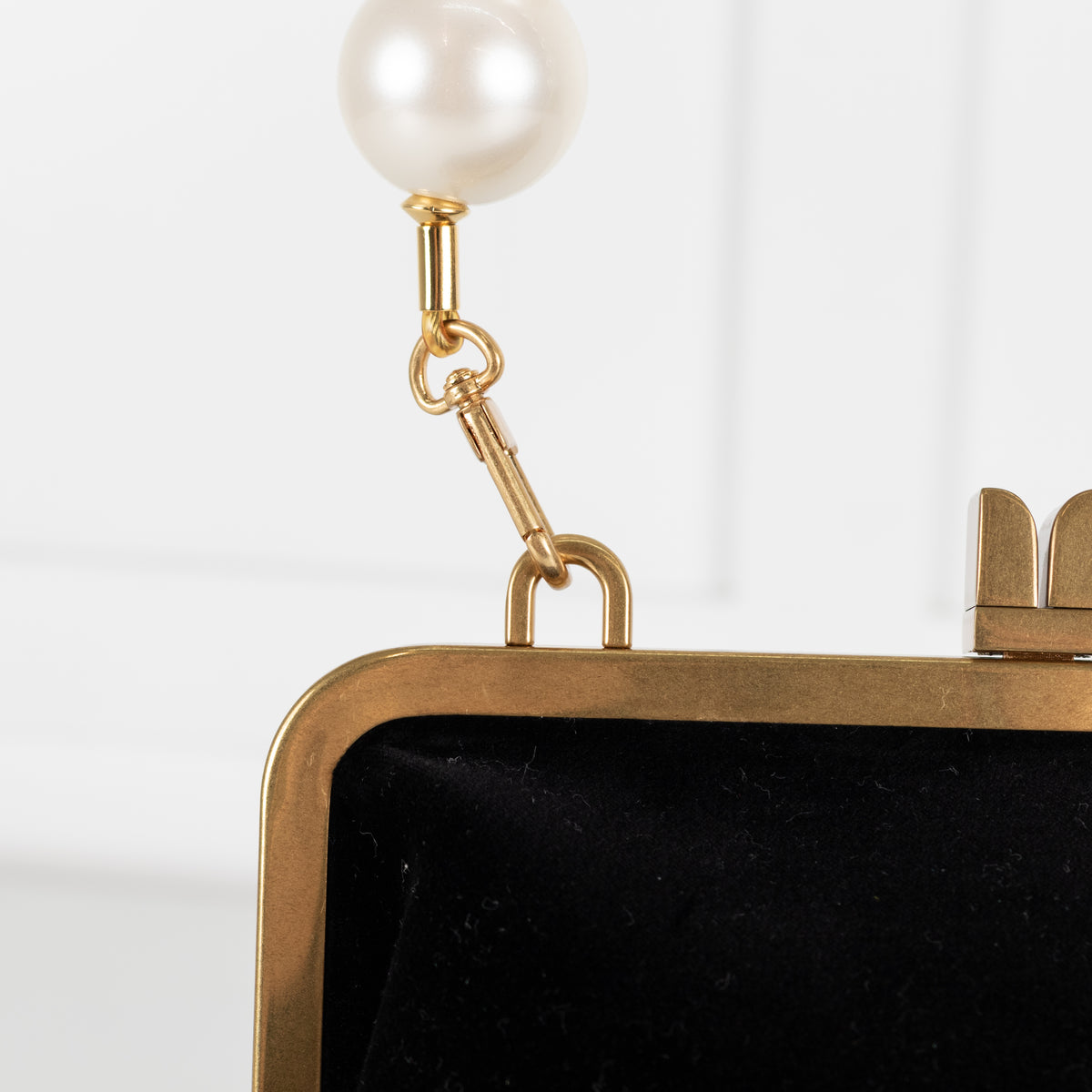 Me + Em Black Velvet Faux Pearl Top Handle Bag With Gold Clasp Closure