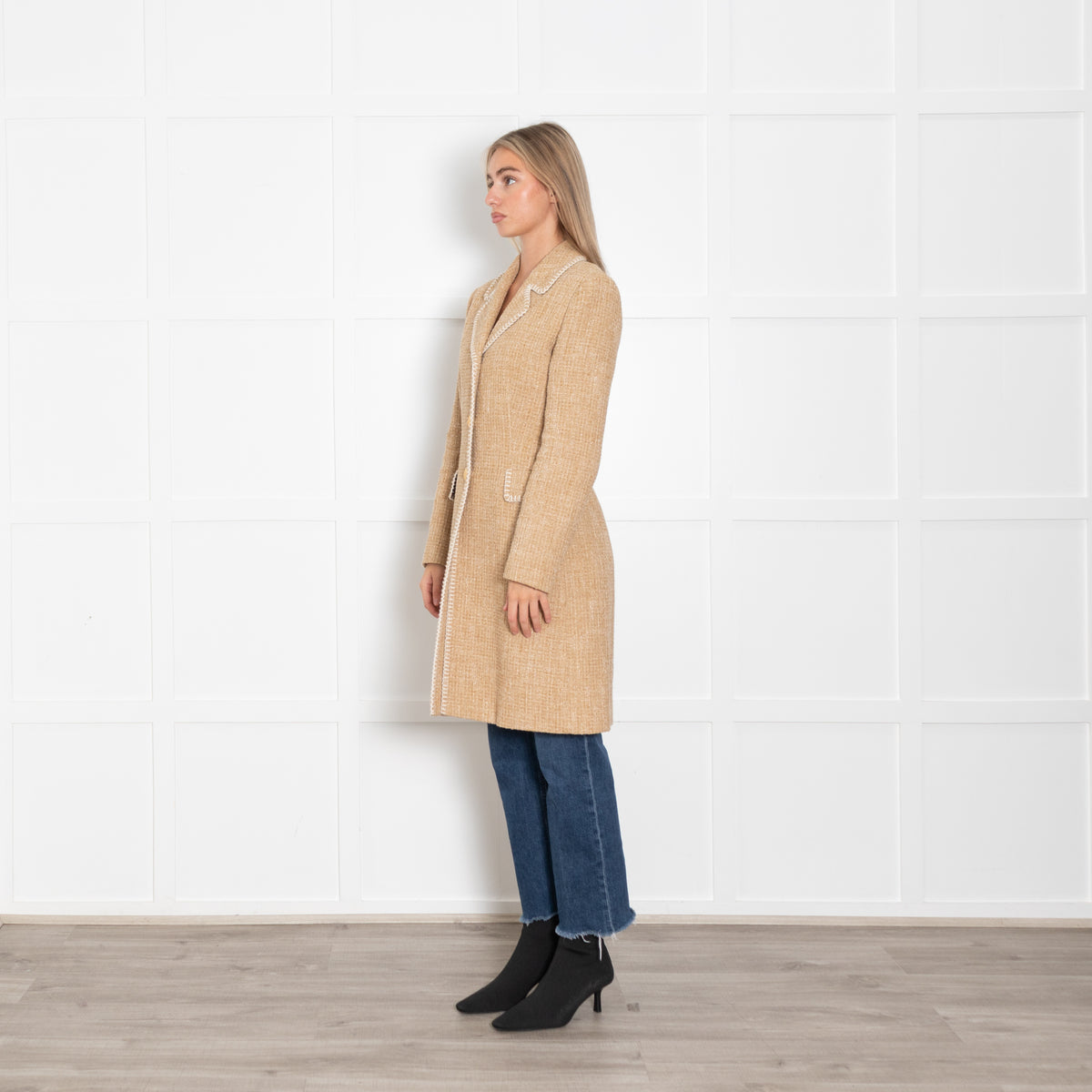 Boutique Moschino Beige Boucle Coat with Stitch Edge Detail