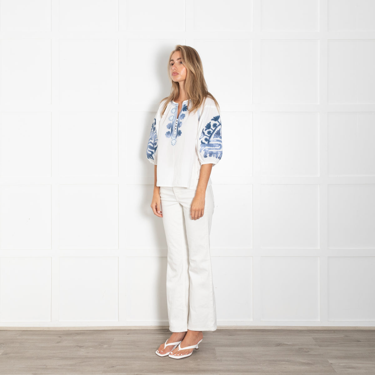 Rose and Rose White Cotton Blue Embroidered Blouse