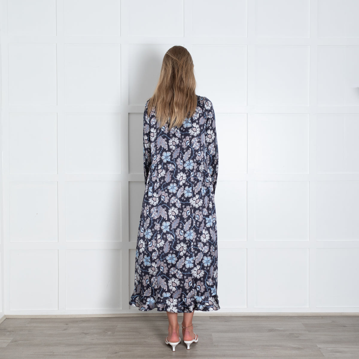 Dea Kudibal Navy Silk Floral Maxi Dress With High Neckline