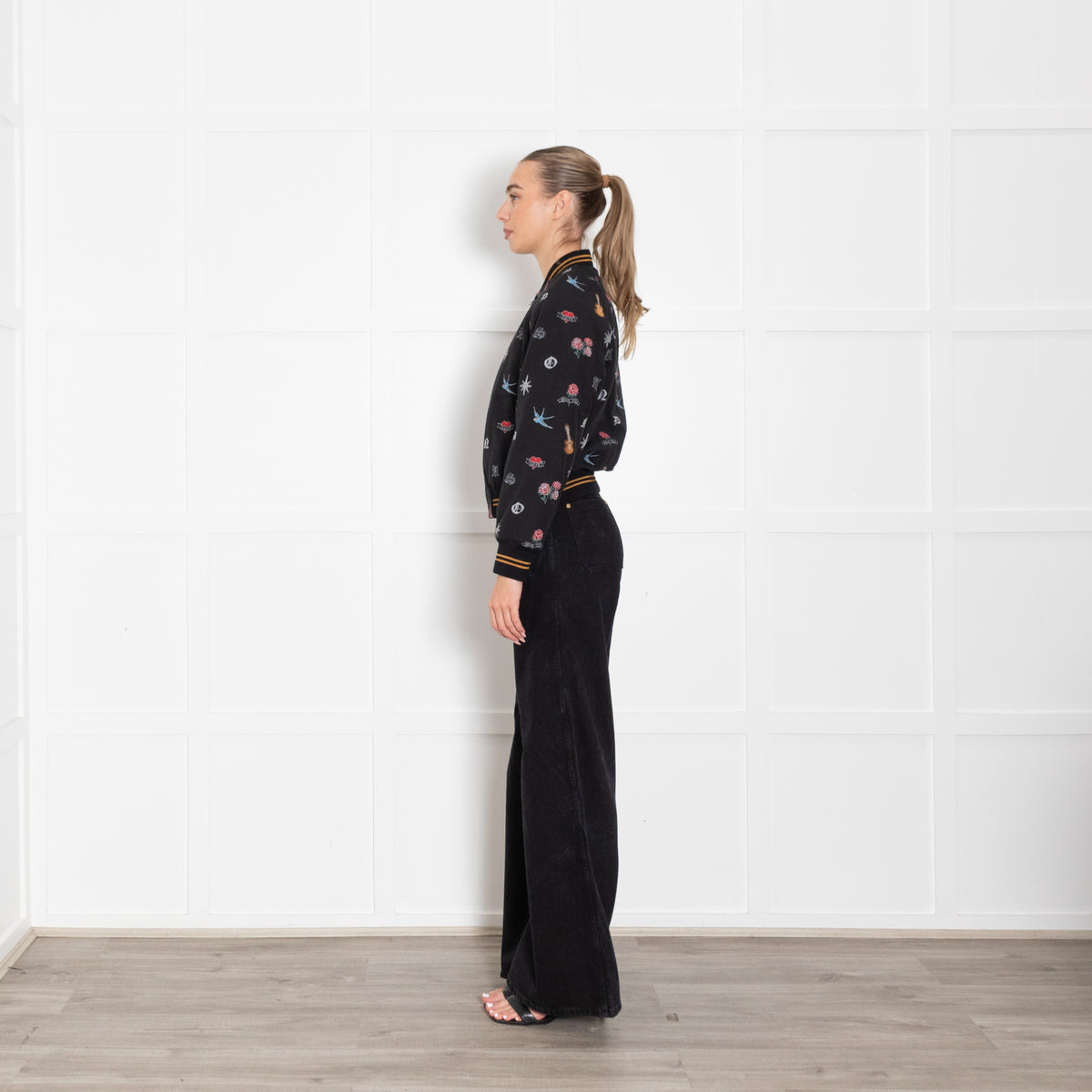 Sandro Black Cotton Bomber Jacket With Embroidered Embellishment