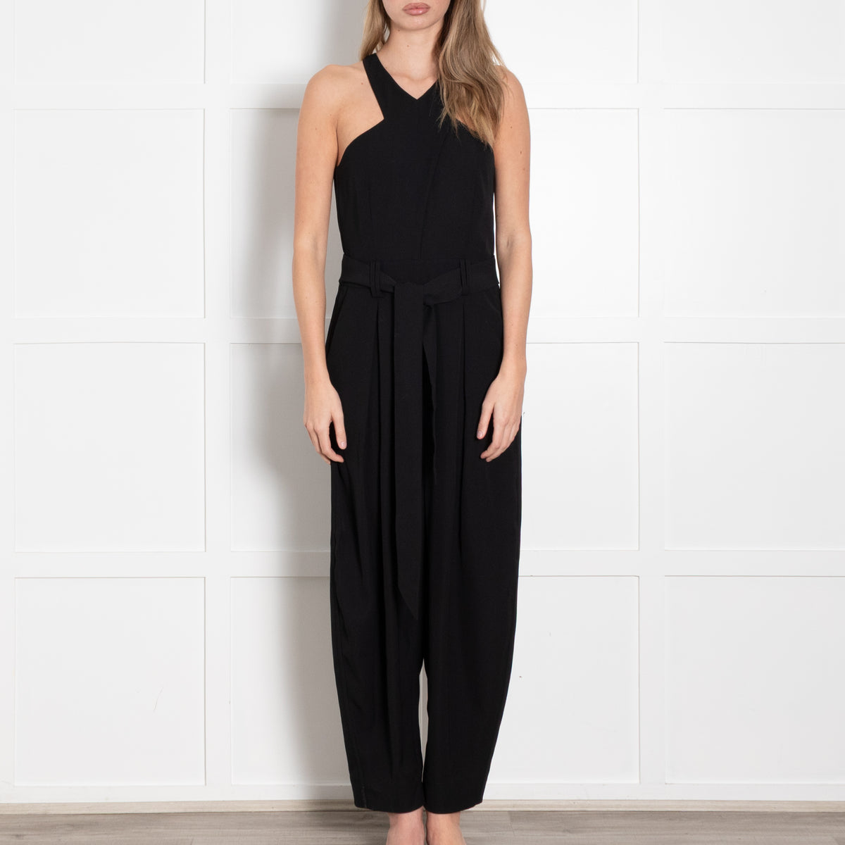 Me + Em Black Sleeveless Belted Front Pleat Jumpsuit