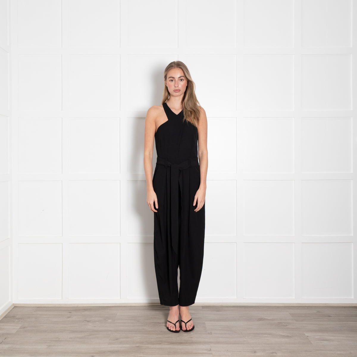 Me + Em Black Sleeveless Belted Front Pleat Jumpsuit