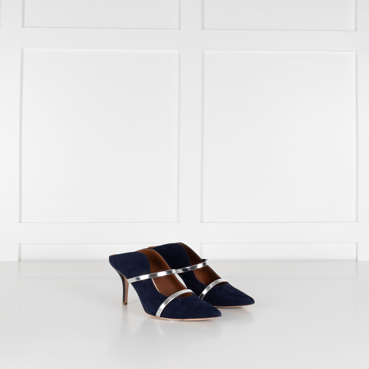 Malone Souliers Maureen Navy Suede Mules With Silver Straps