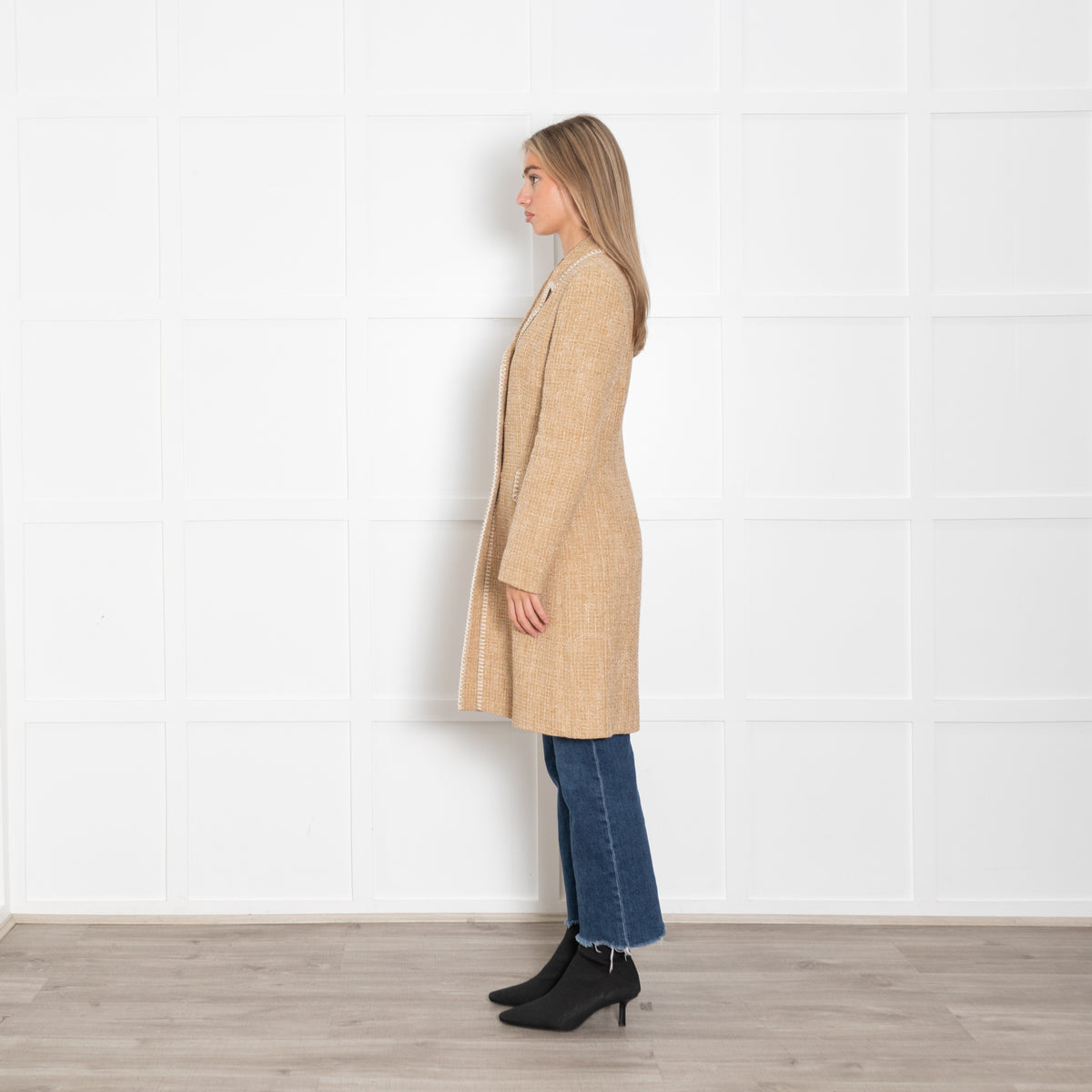 Boutique Moschino Beige Boucle Coat with Stitch Edge Detail