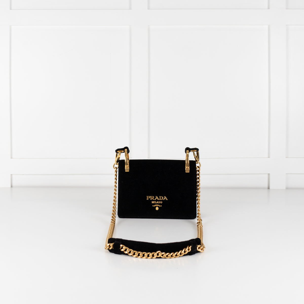 Prada Pattina Black Velvet Flap Bag With Gold Chain