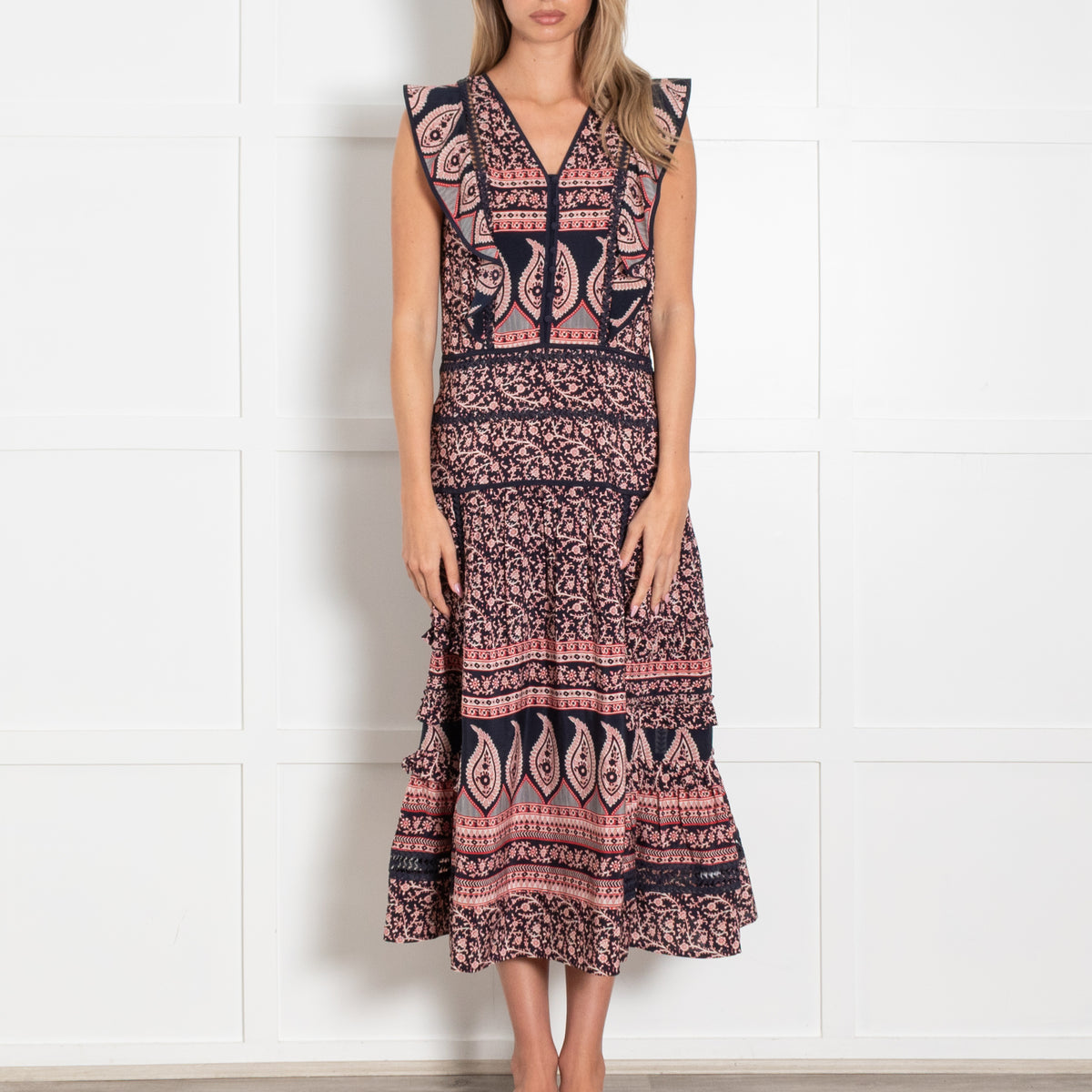 Sea New York Navy Red Cream Floral Print Sleeveless Maxi Dress