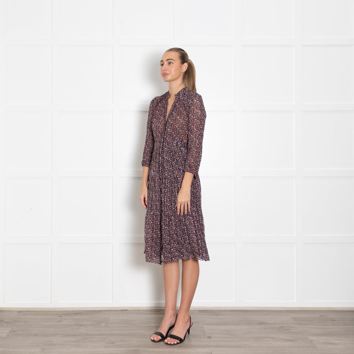 BA&SH Multicoloured Button Up Midi Long Sleeve Frilled Dress