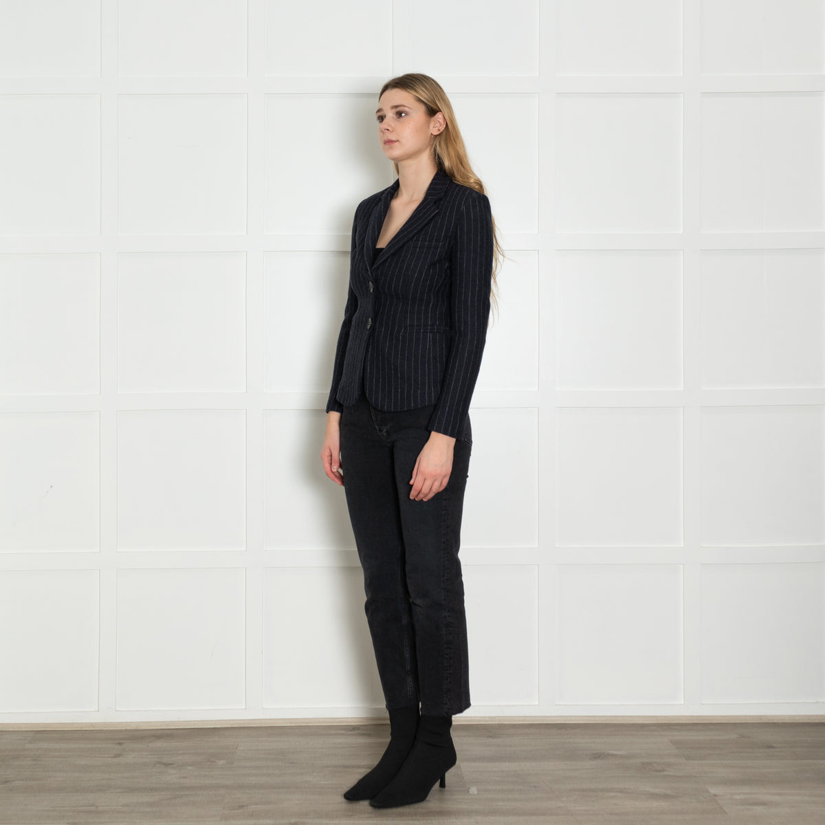 Maje Navy Blue Grey Pinstripe Wool Blend Short Jacket