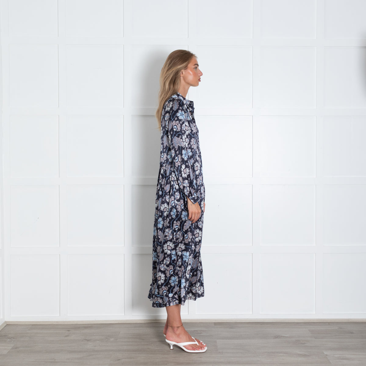 Dea Kudibal Navy Silk Floral Maxi Dress With High Neckline