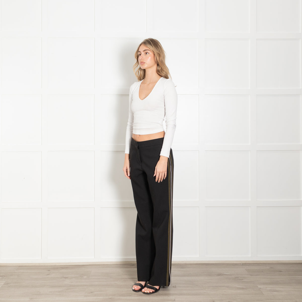 Me + Em Black Khaki Cream Side Stripe Wide Leg Trousers