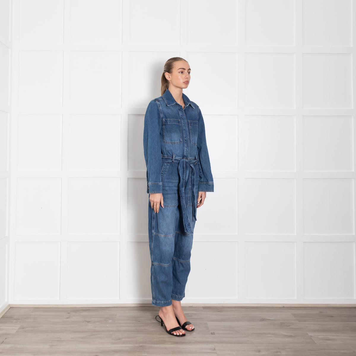 Me + Em Blue Denim Belted Barrell Leg Jumpsuit