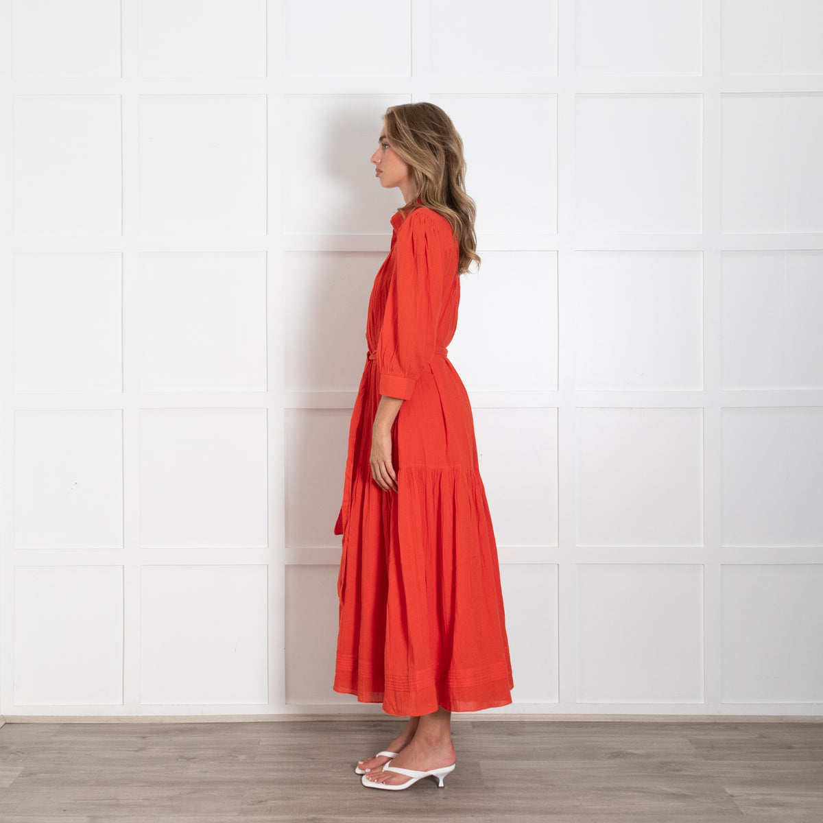 Me + Em Red Dress With Pintuck Shoulder Detail and Belt