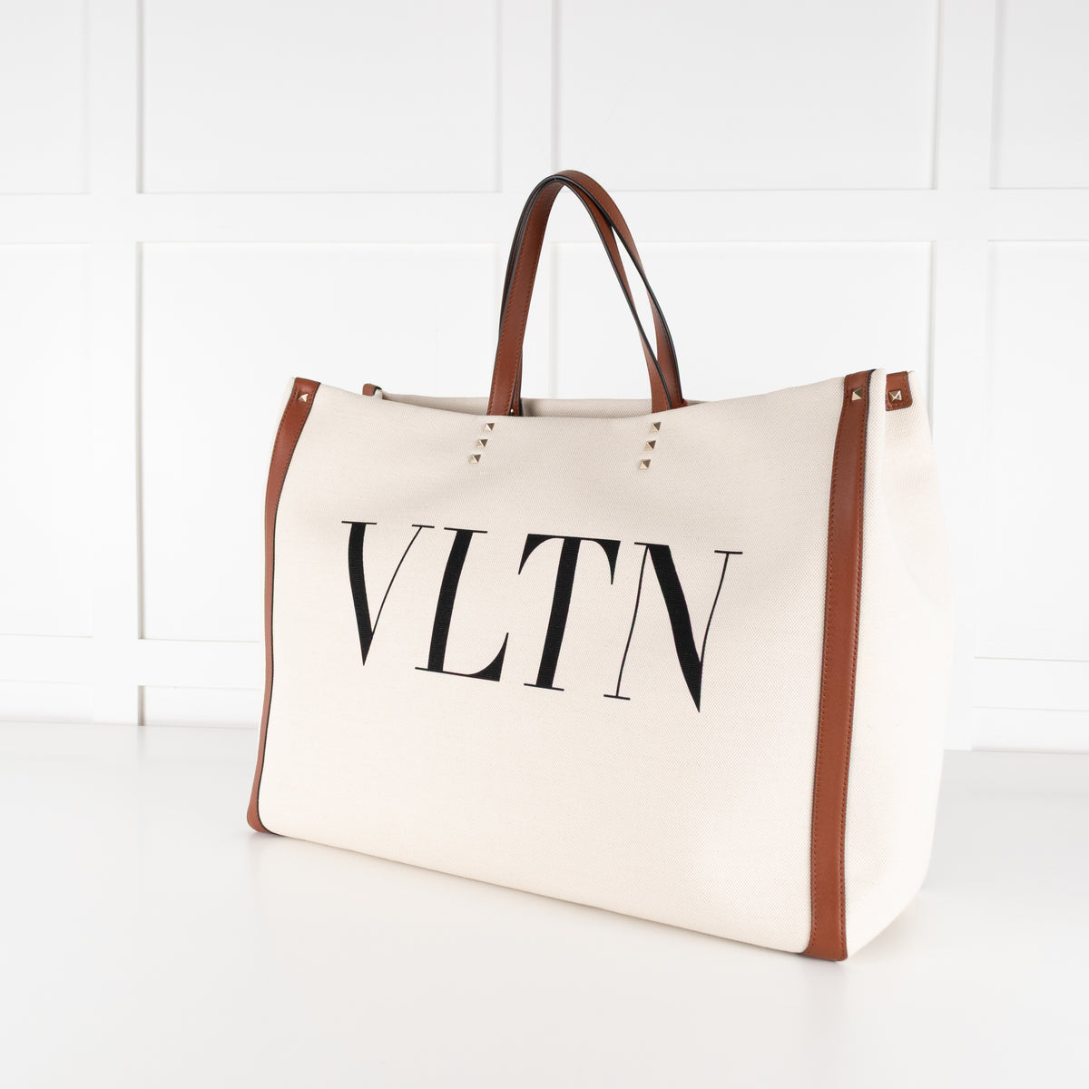 Valentino Off White Brown Canvas And Leather Large Rockstud VLTN Tote