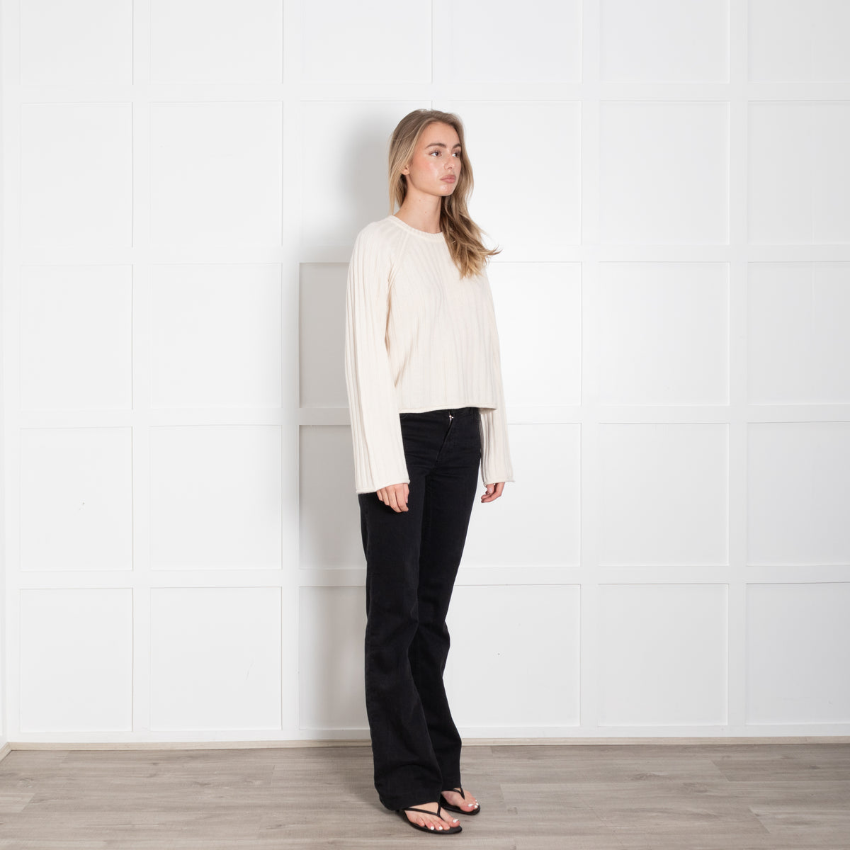 Me + Em Cream Cashmere Silk Ribbed Long Sleeve Jumper