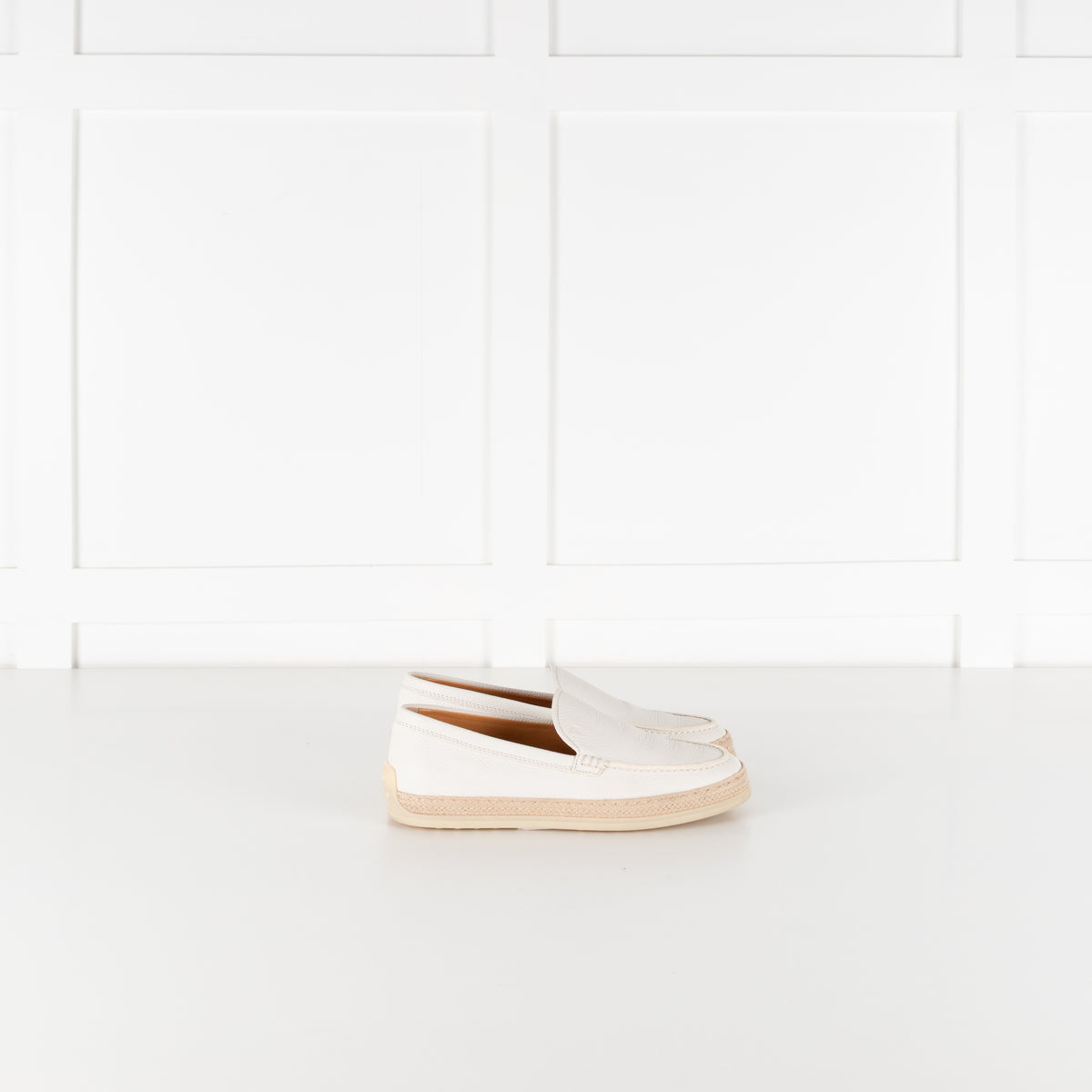Tod's White Raffia Trimmed Leather Loafers