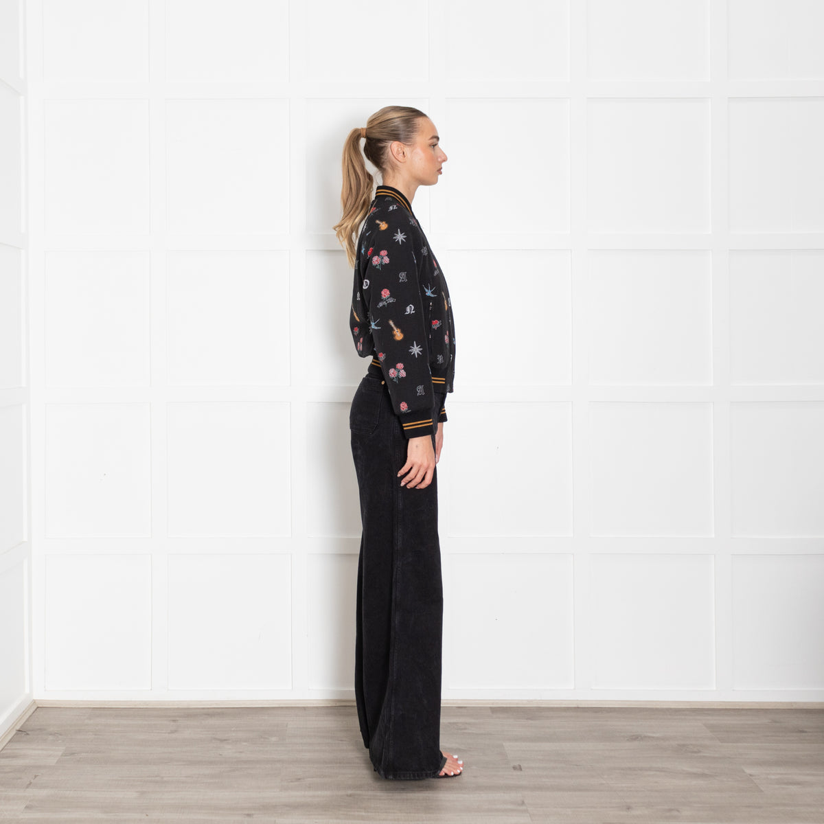 Sandro Black Cotton Bomber Jacket With Embroidered Embellishment