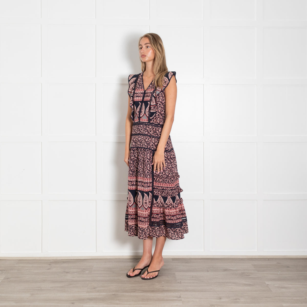 Sea New York Navy Red Cream Floral Print Sleeveless Maxi Dress