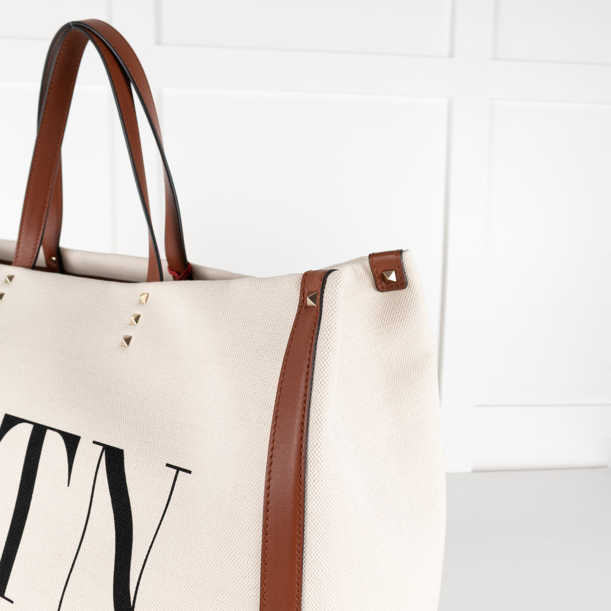Valentino Off White Brown Canvas And Leather Large Rockstud VLTN Tote