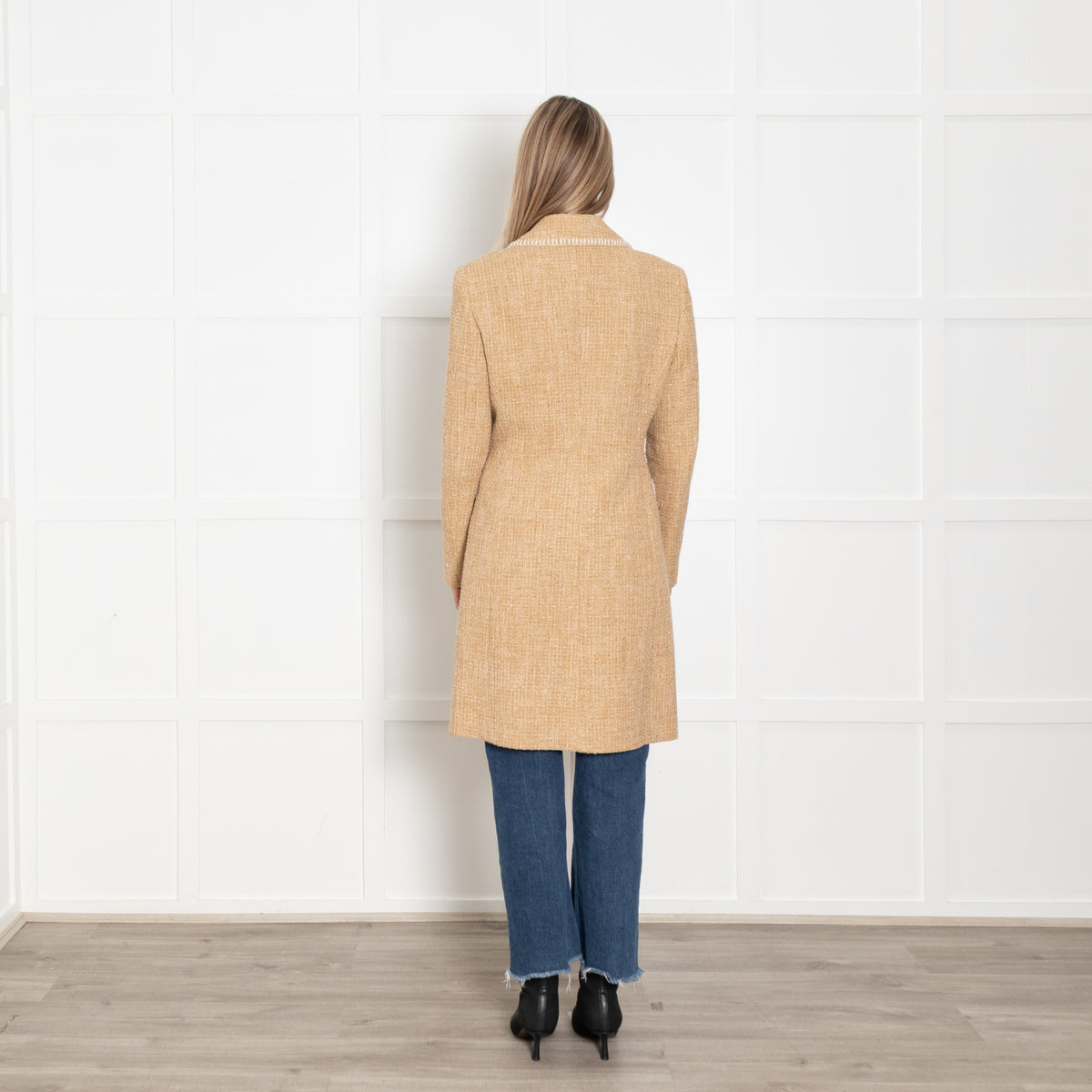 Boutique Moschino Beige Boucle Coat with Stitch Edge Detail