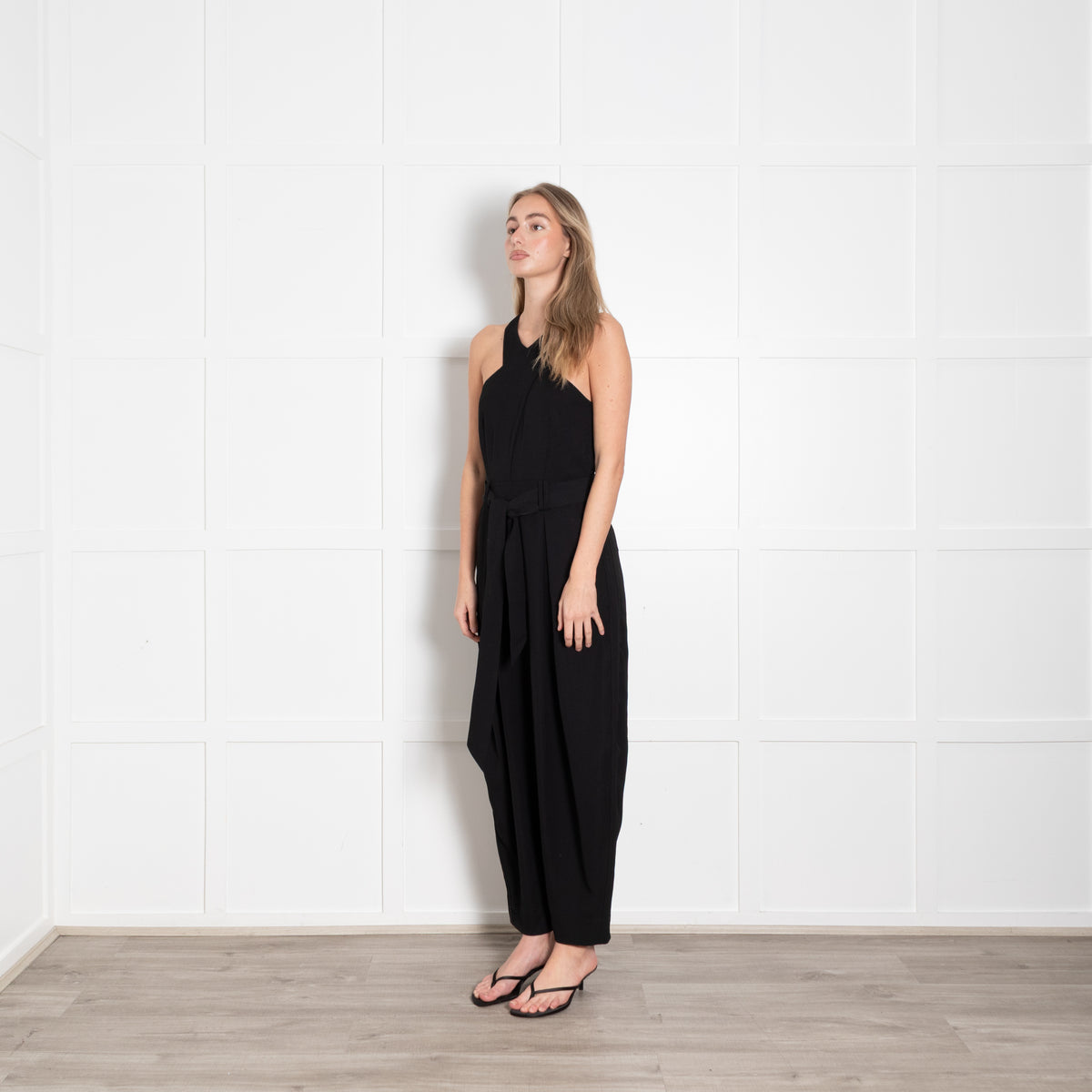 Me + Em Black Sleeveless Belted Front Pleat Jumpsuit