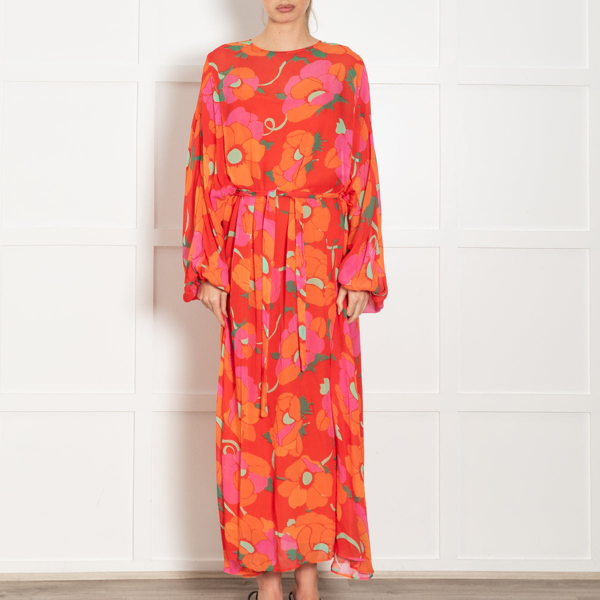 Rixo Orange Floral Sheer Maxi Dress With Slip