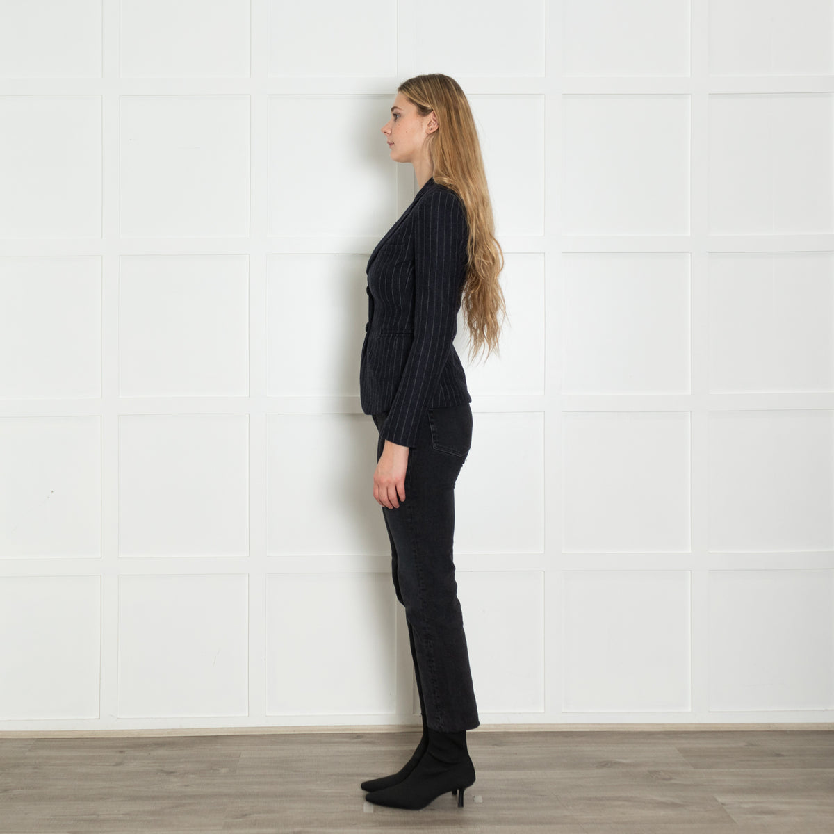 Maje Navy Blue Grey Pinstripe Wool Blend Short Jacket