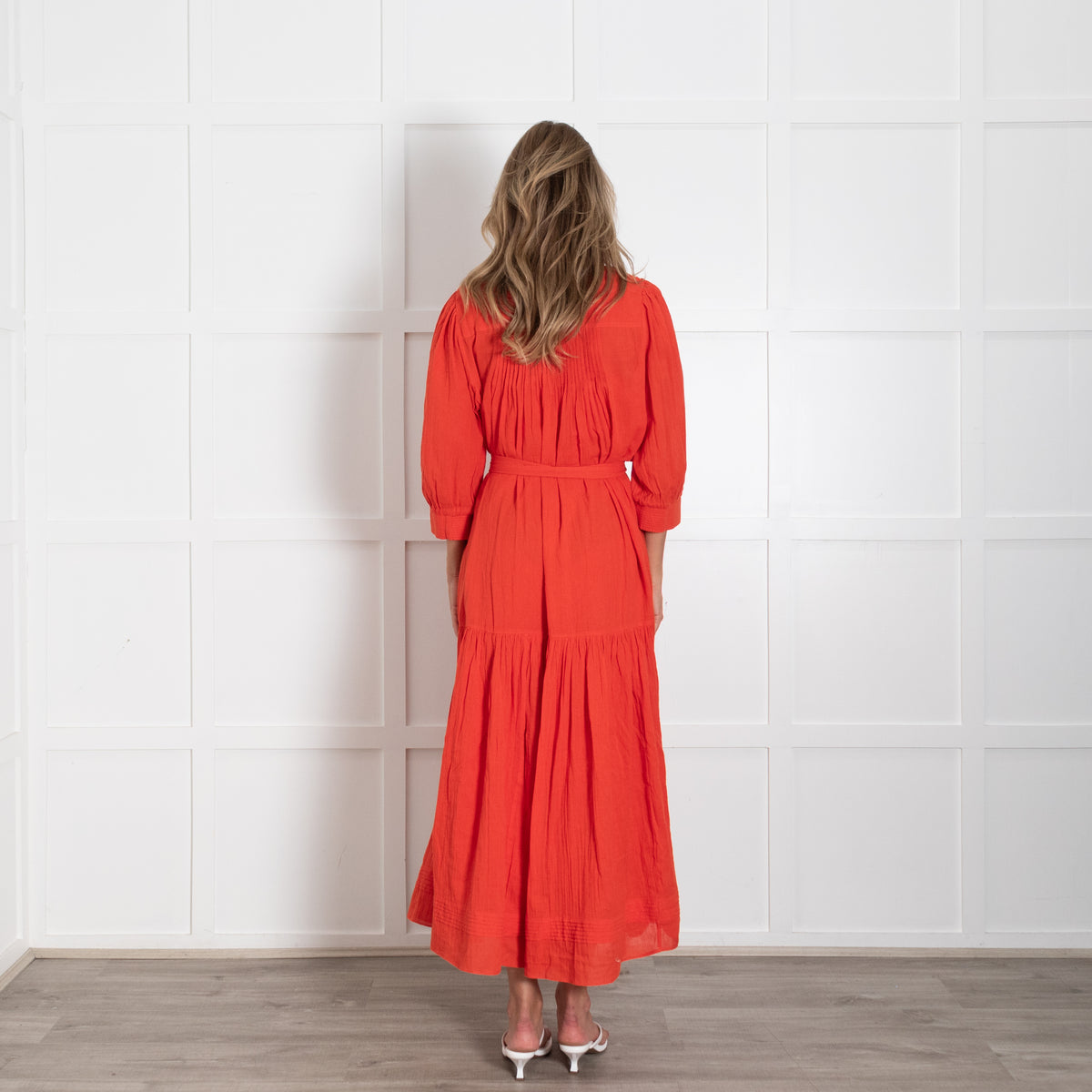 Me + Em Red Dress With Pintuck Shoulder Detail and Belt