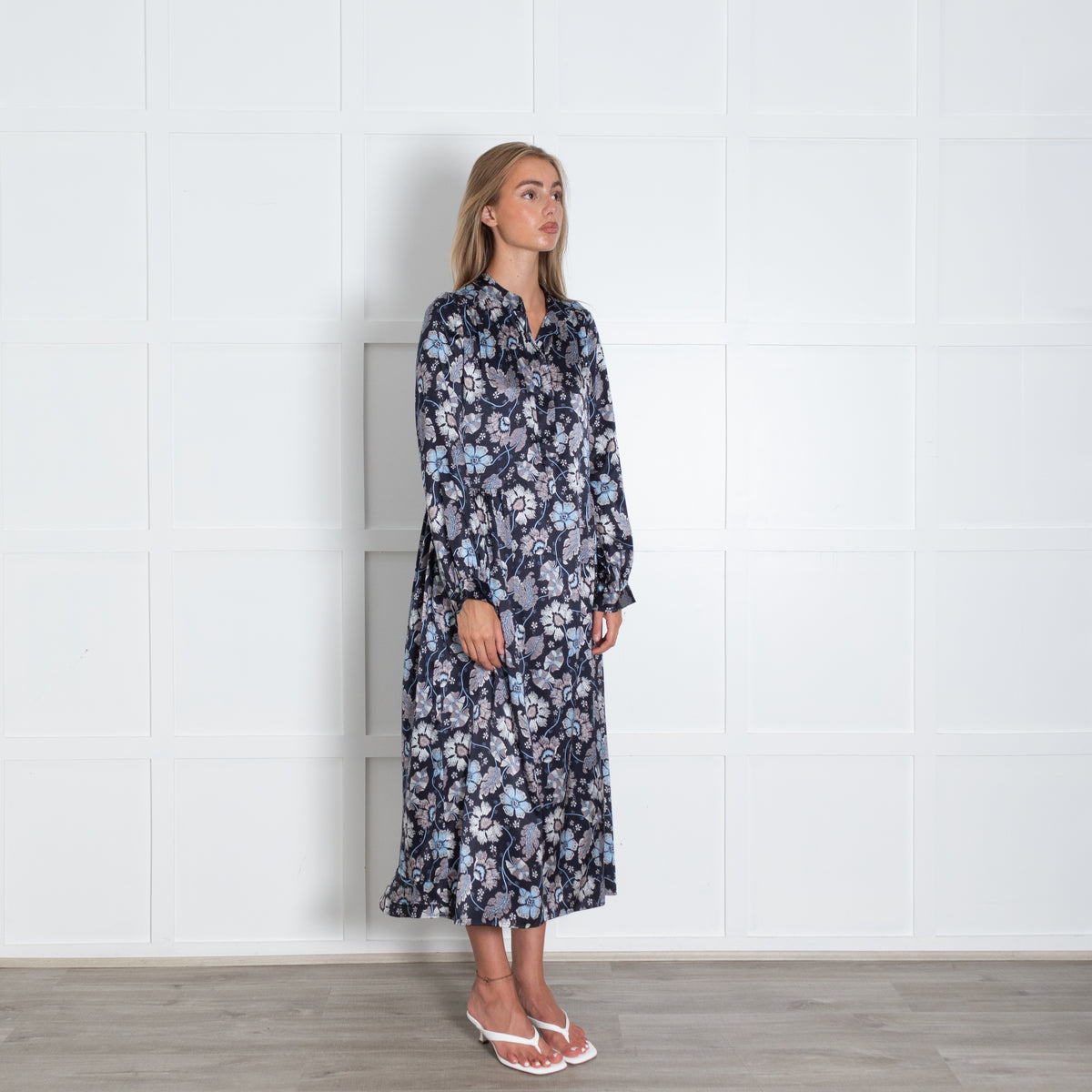 Dea Kudibal Navy Silk Floral Maxi Dress With High Neckline
