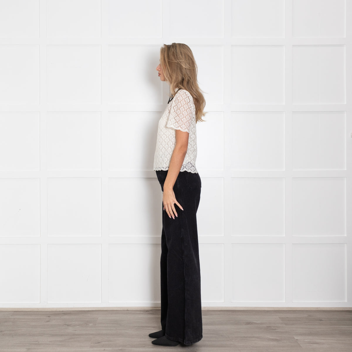 Me + Em Cream Lace Short Sleeve Blouse With Black Embellished Collar