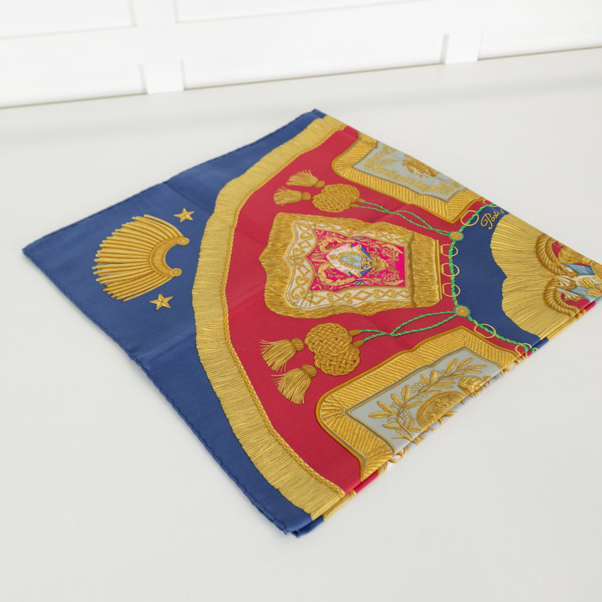 Hermes Poste Et Cavalerie Silk Blue And Gold Scarf