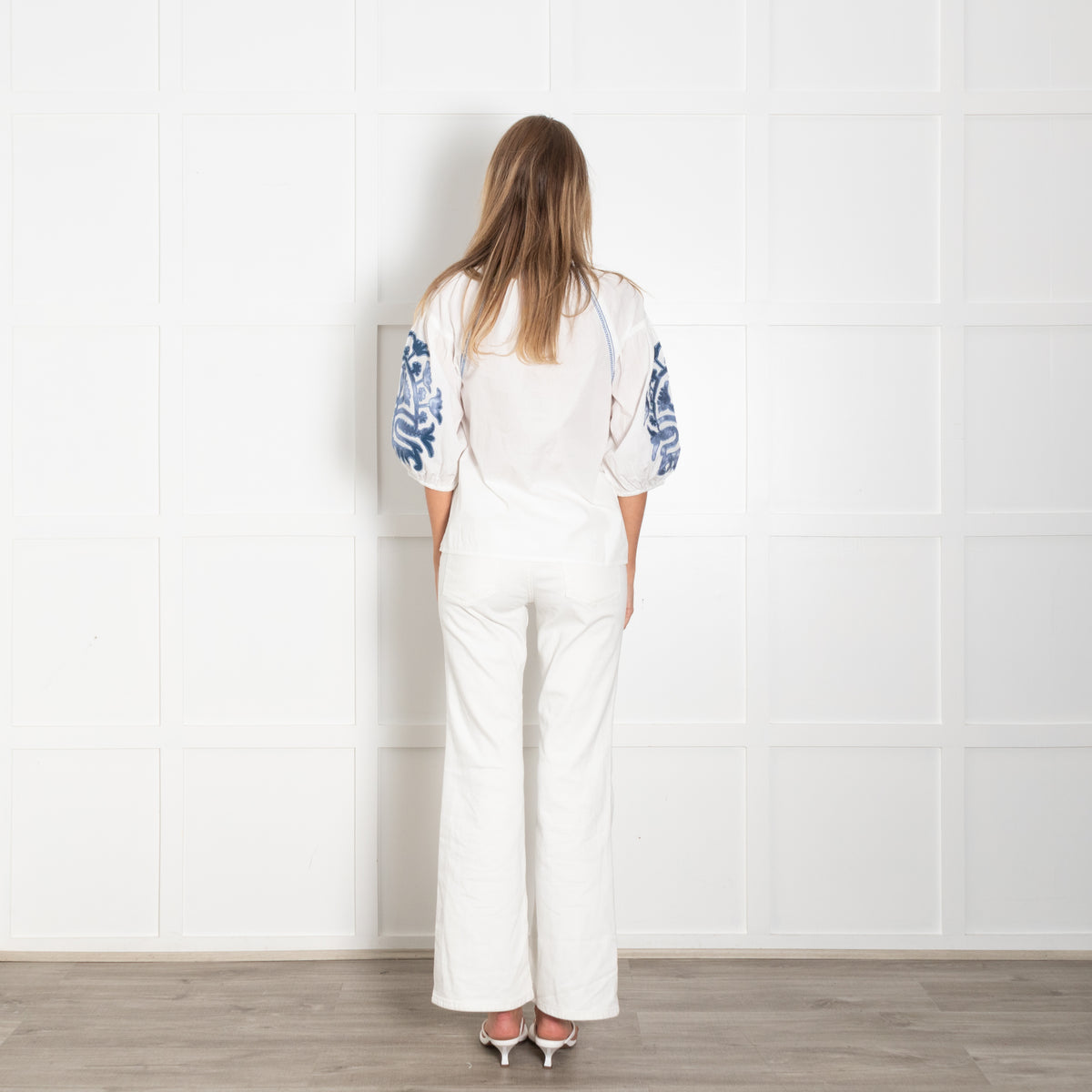Rose and Rose White Cotton Blue Embroidered Blouse