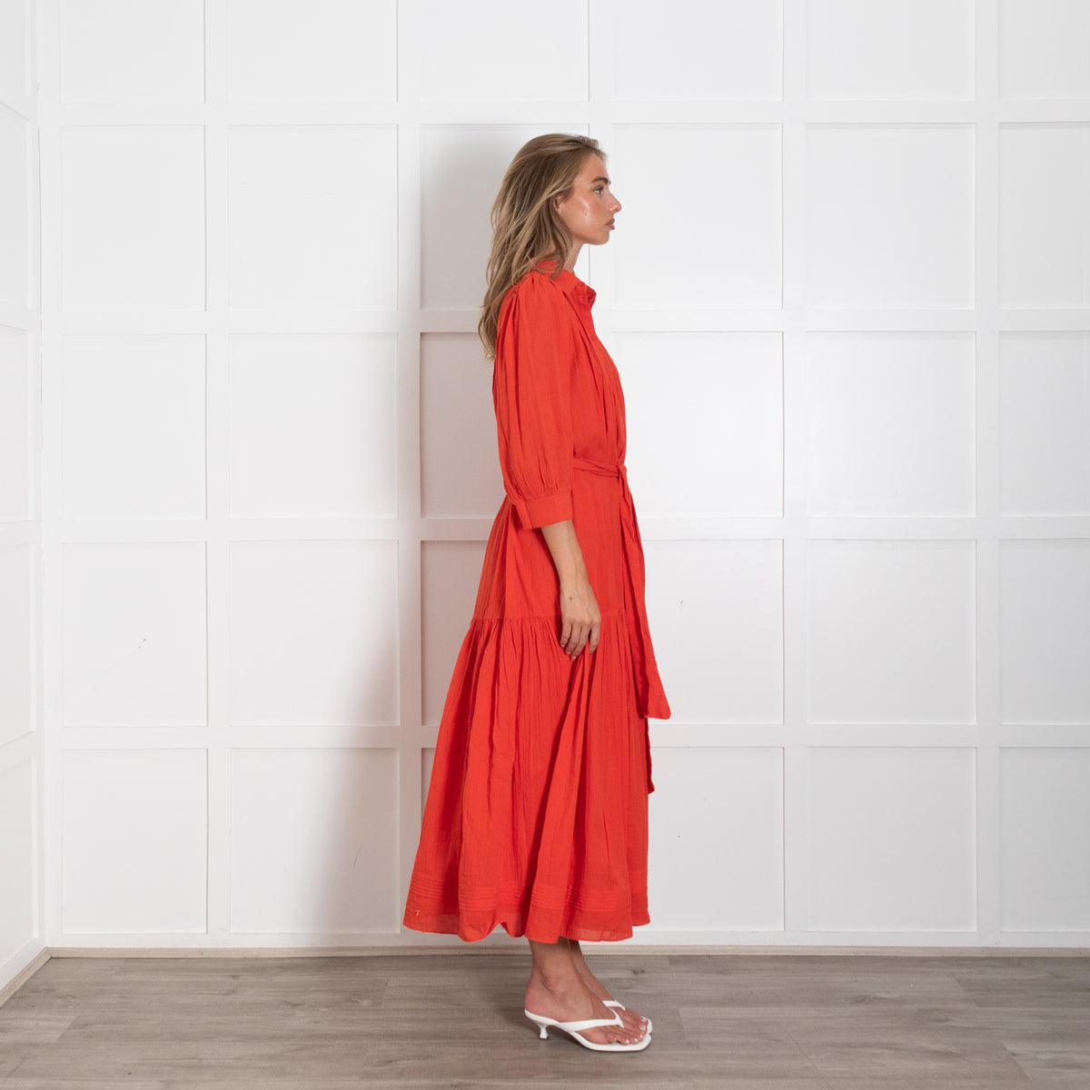 Me + Em Red Dress With Pintuck Shoulder Detail and Belt