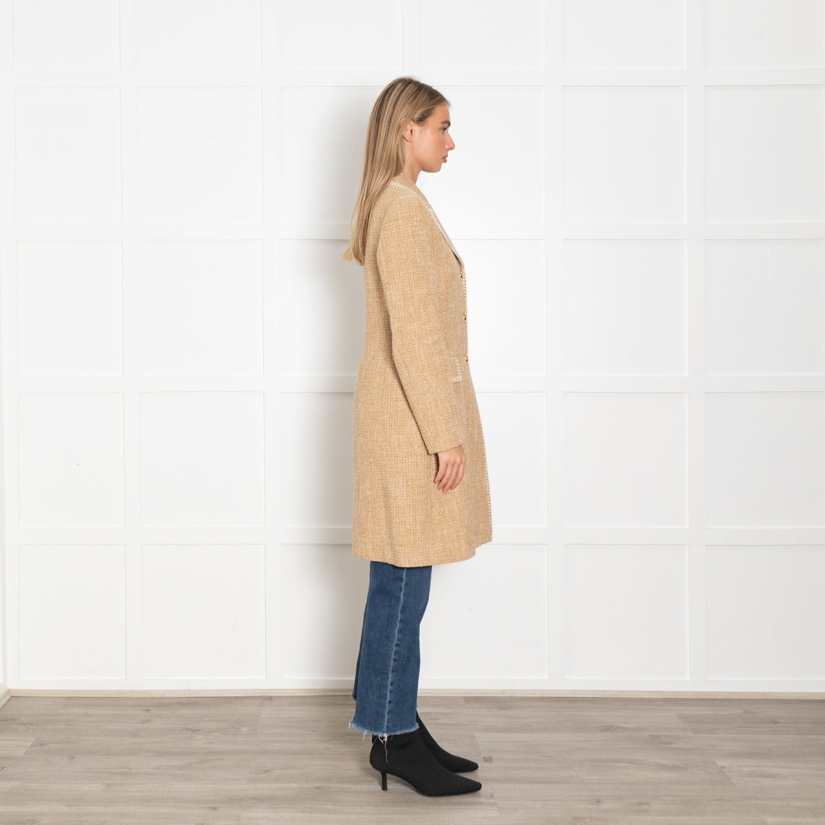 Boutique Moschino Beige Boucle Coat with Stitch Edge Detail