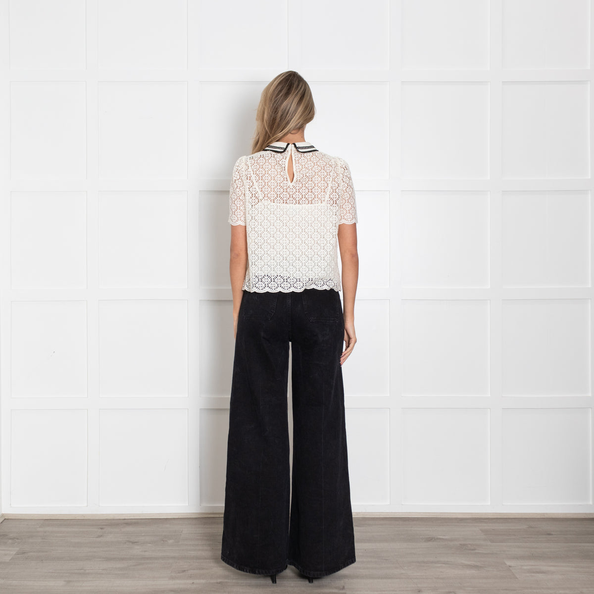 Me + Em Cream Lace Short Sleeve Blouse With Black Embellished Collar