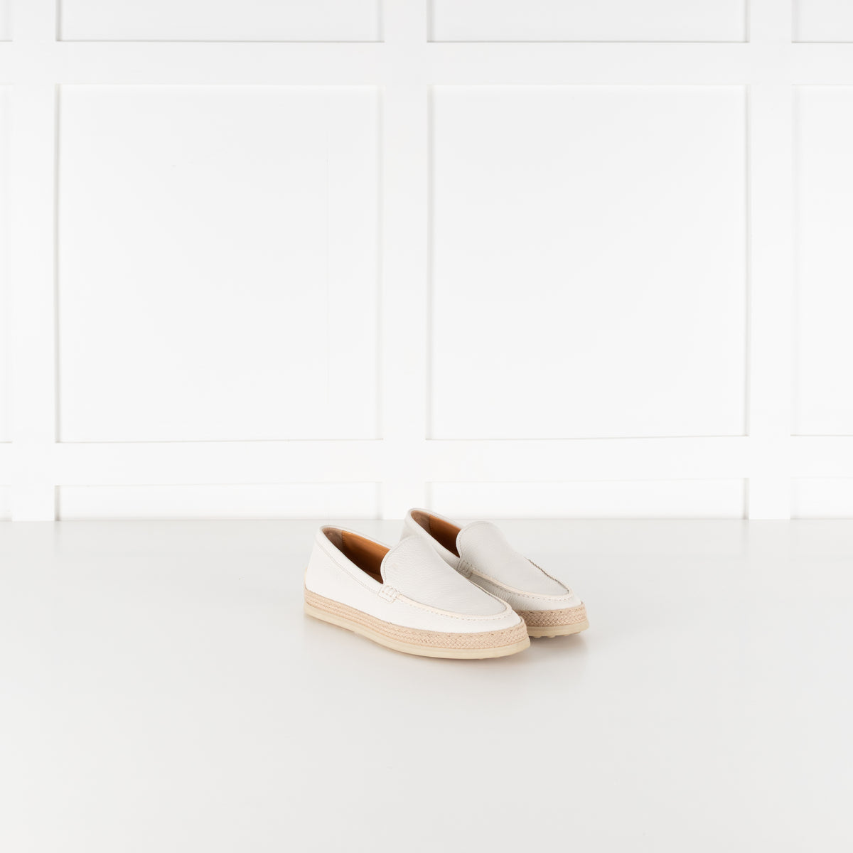 Tod's White Raffia Trimmed Leather Loafers