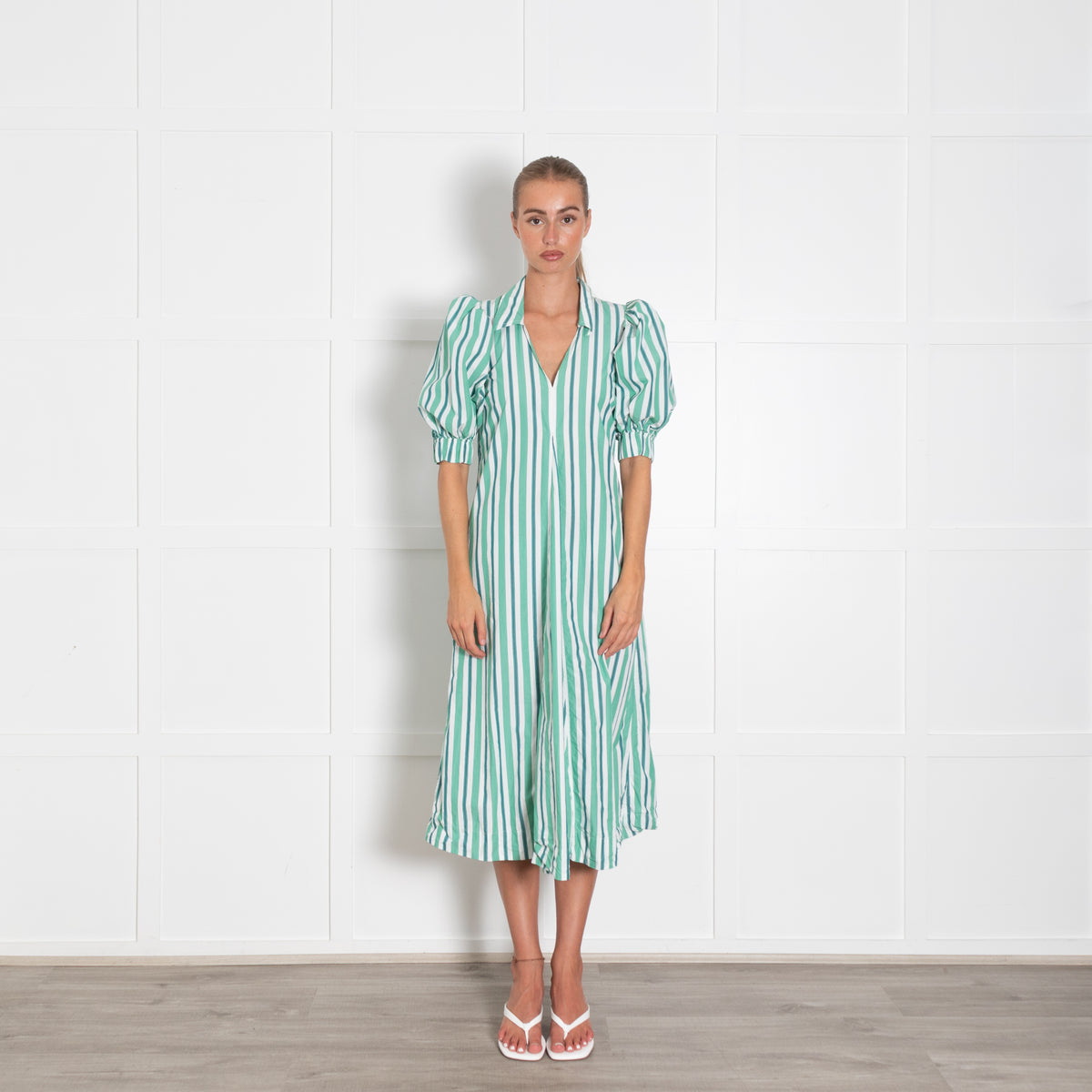 Ganni White Green Striped Mid Sleeve Shirt Dress With Collar And V Neck