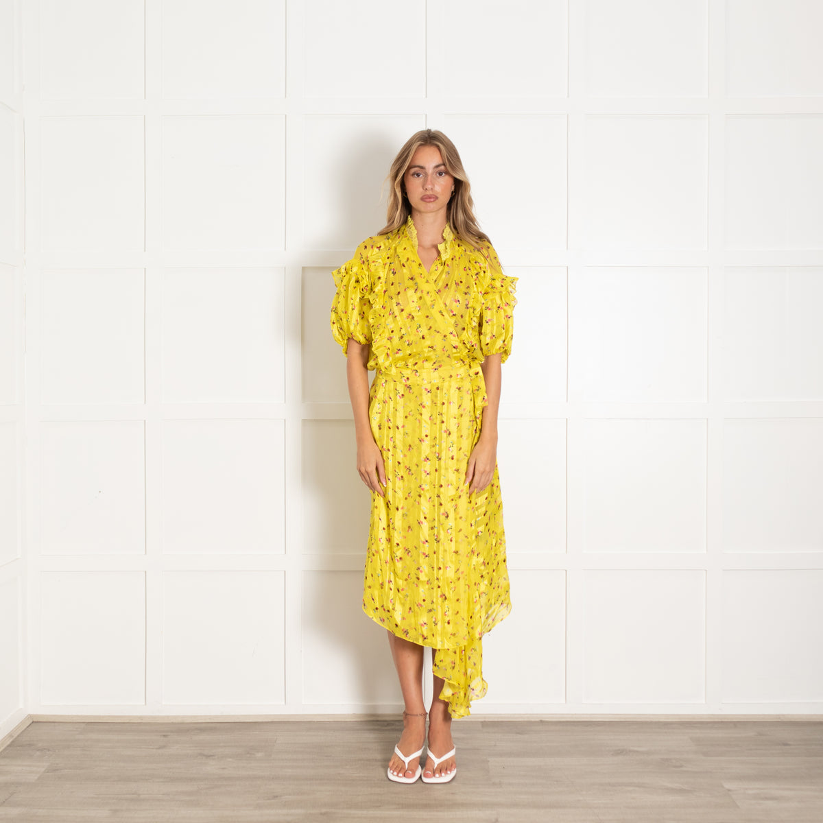 Preen By Thornton Bregazzi Yellow Floral Silk Maxi Wrap Dress