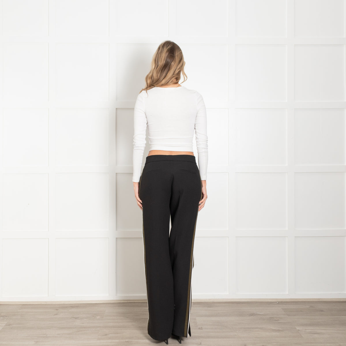 Me + Em Black Khaki Cream Side Stripe Wide Leg Trousers