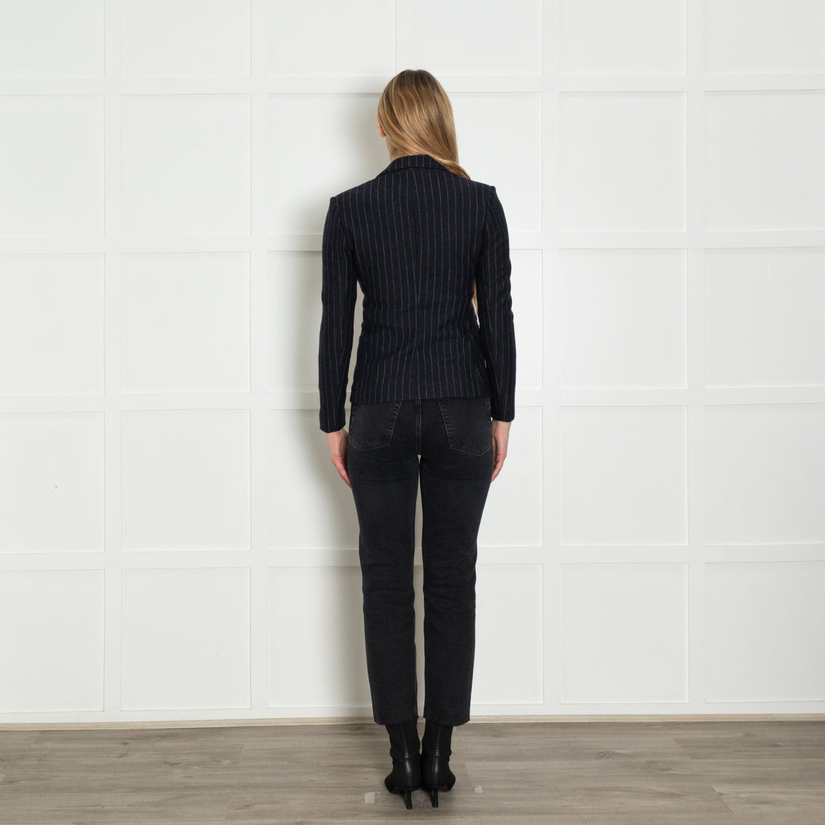 Maje Navy Blue Grey Pinstripe Wool Blend Short Jacket