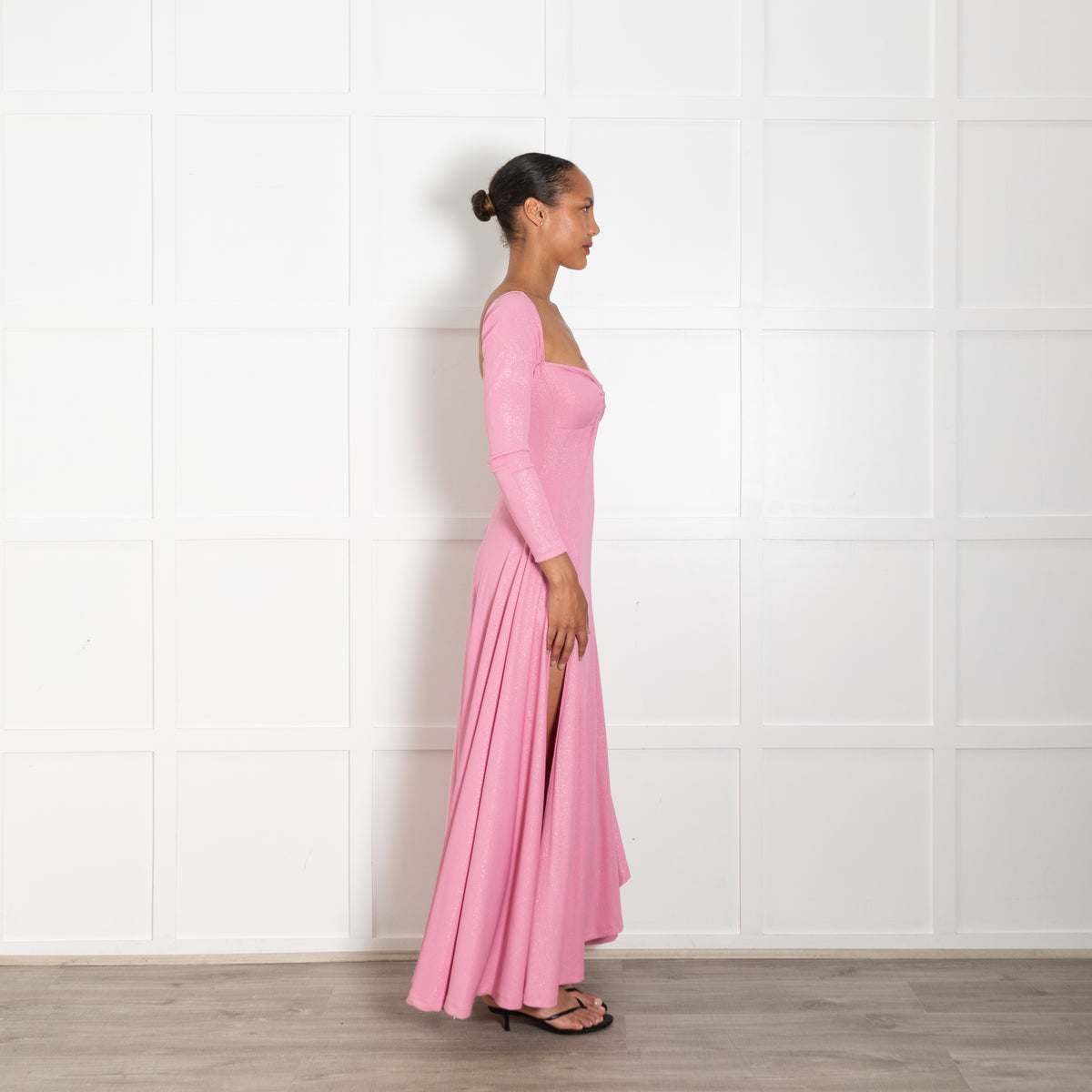 Gul Hurgel Pink Sparkly Maxi, Front Splits,  L/Sleeve Knot Front Dress