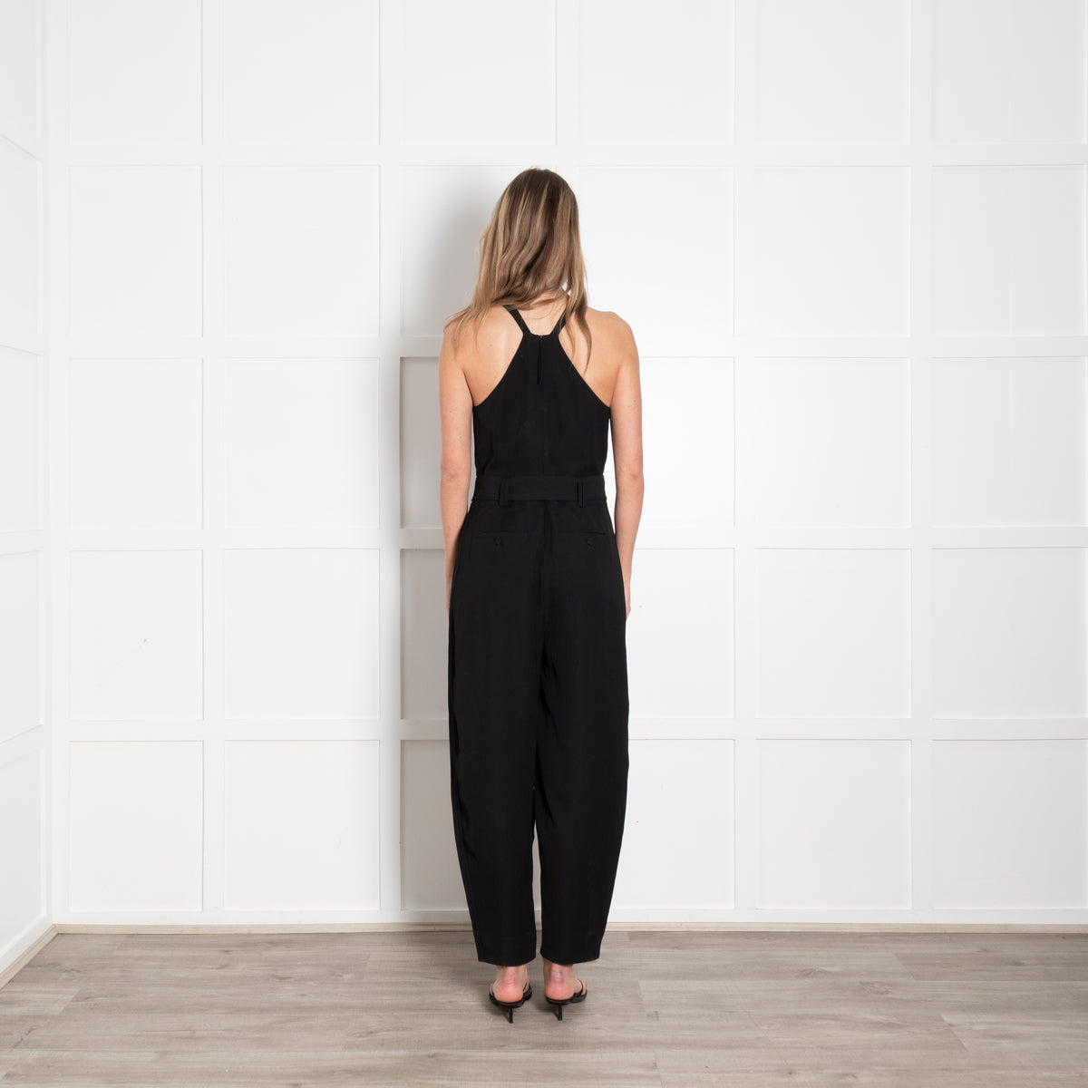 Me + Em Black Sleeveless Belted Front Pleat Jumpsuit