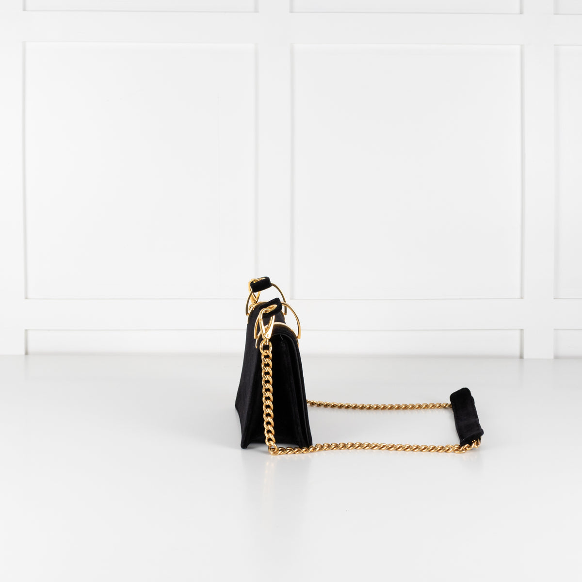 Prada Pattina Black Velvet Flap Bag With Gold Chain