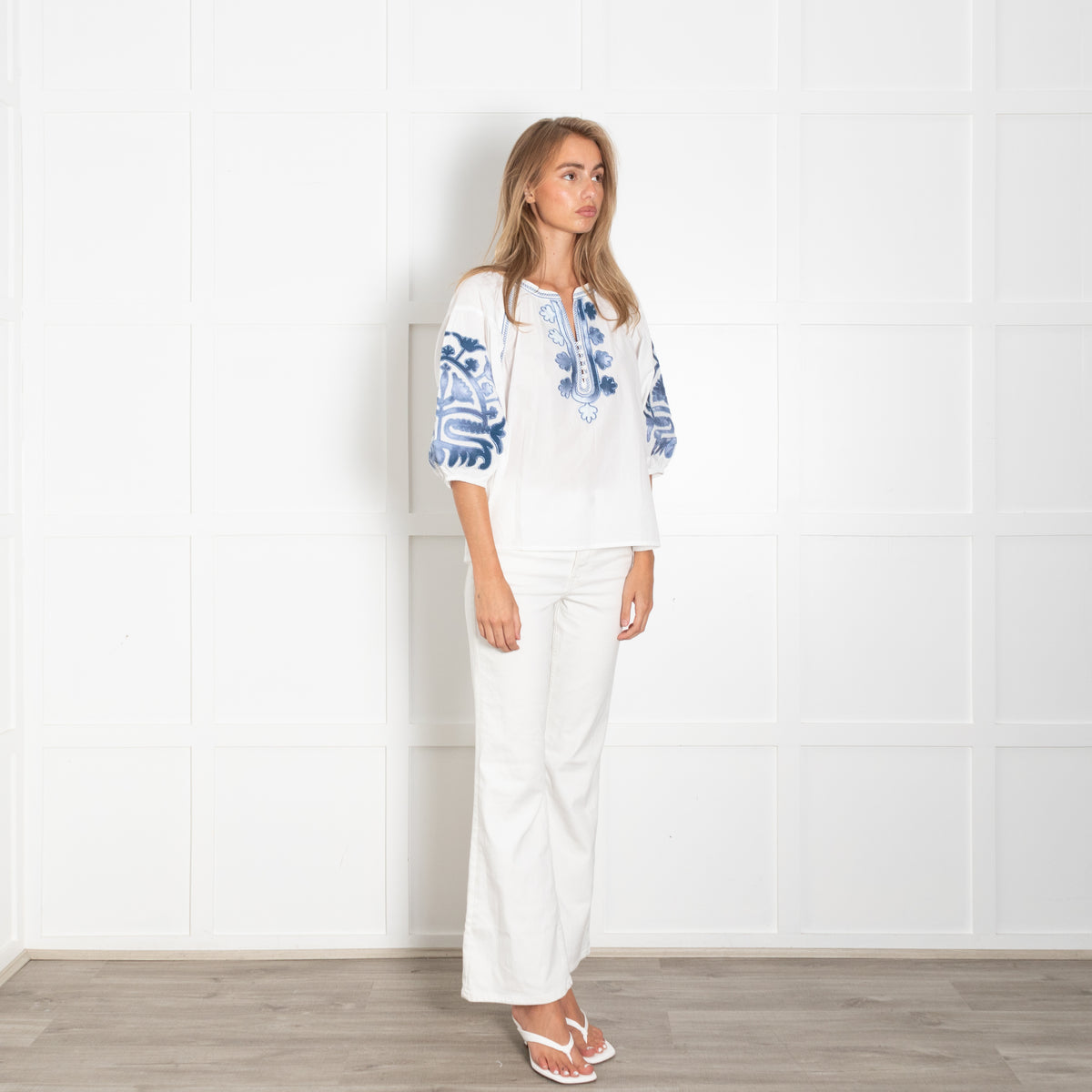 Rose and Rose White Cotton Blue Embroidered Blouse
