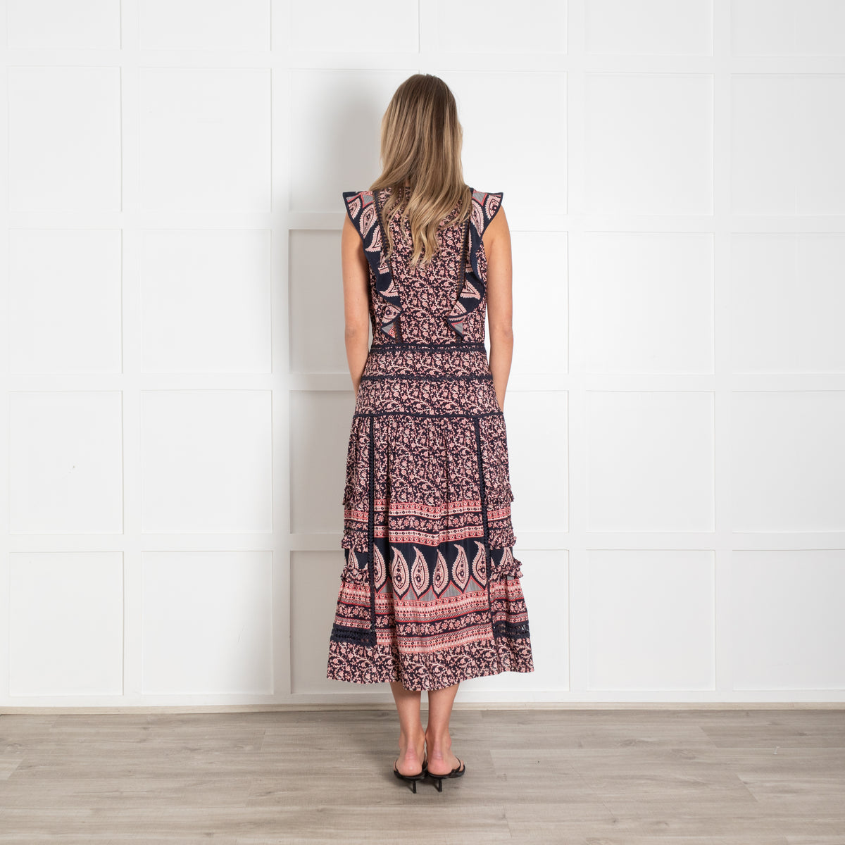 Sea New York Navy Red Cream Floral Print Sleeveless Maxi Dress
