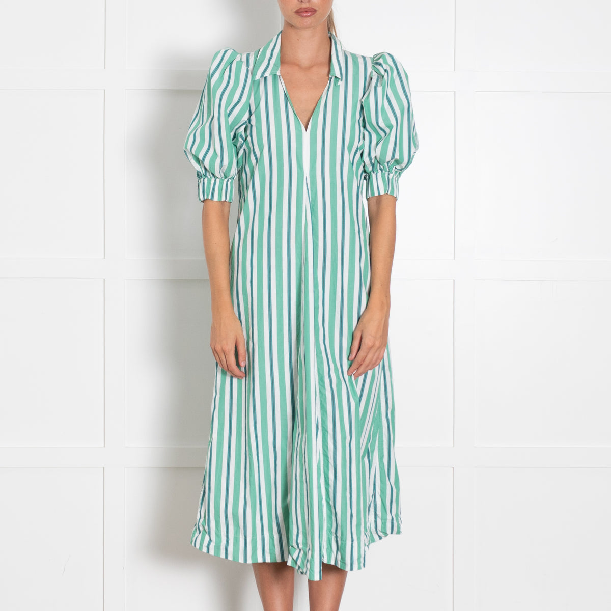 Ganni White Green Striped Mid Sleeve Shirt Dress With Collar And V Neck
